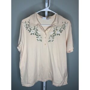 Women's Together Brand‎ Embroidered Top Size Large Peach Short Sleeve Collared